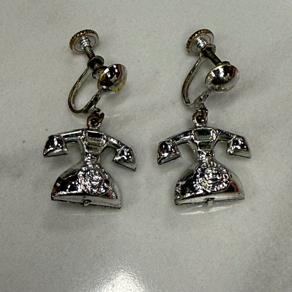 Vintage Silver Tone Rotary Telephone Earrings Novelty‎ Statement Fun